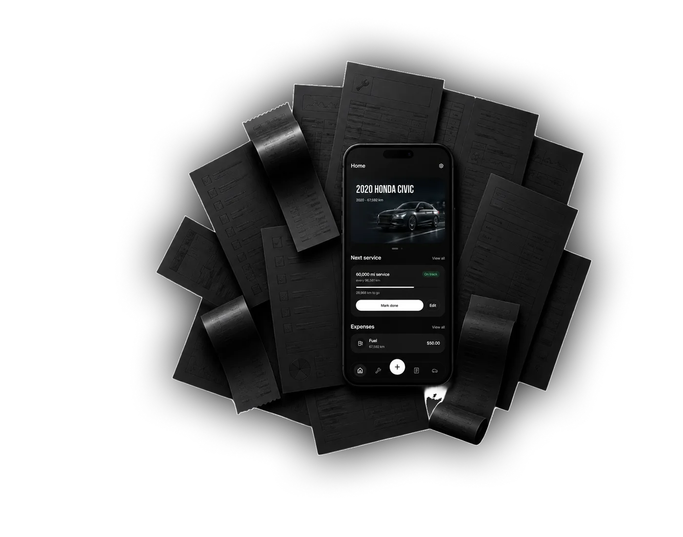 Maintory app on a phone, surrounded by paper receipts