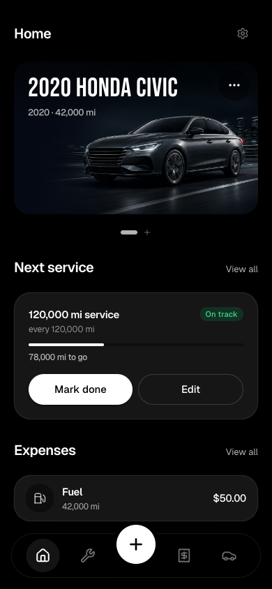 The Maintory home screen showing a car and its details at a glance