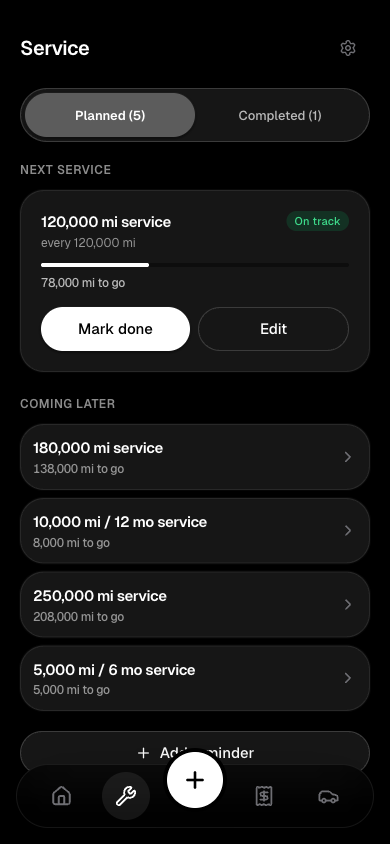 The Maintory service screen with upcoming and completed maintenance