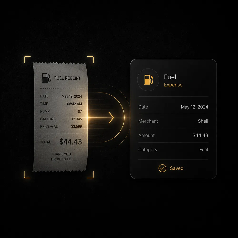A fuel receipt being scanned into a saved Maintory expense for Shell, $44.43