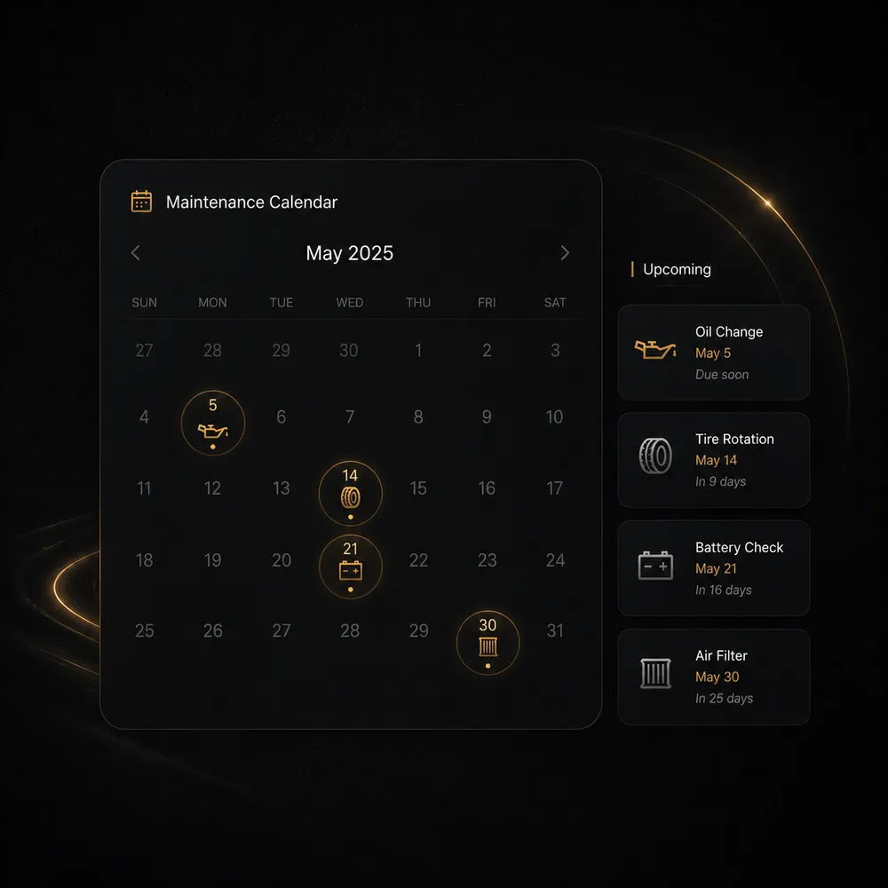 A maintenance calendar with upcoming oil change, tire rotation, battery check, and air filter
