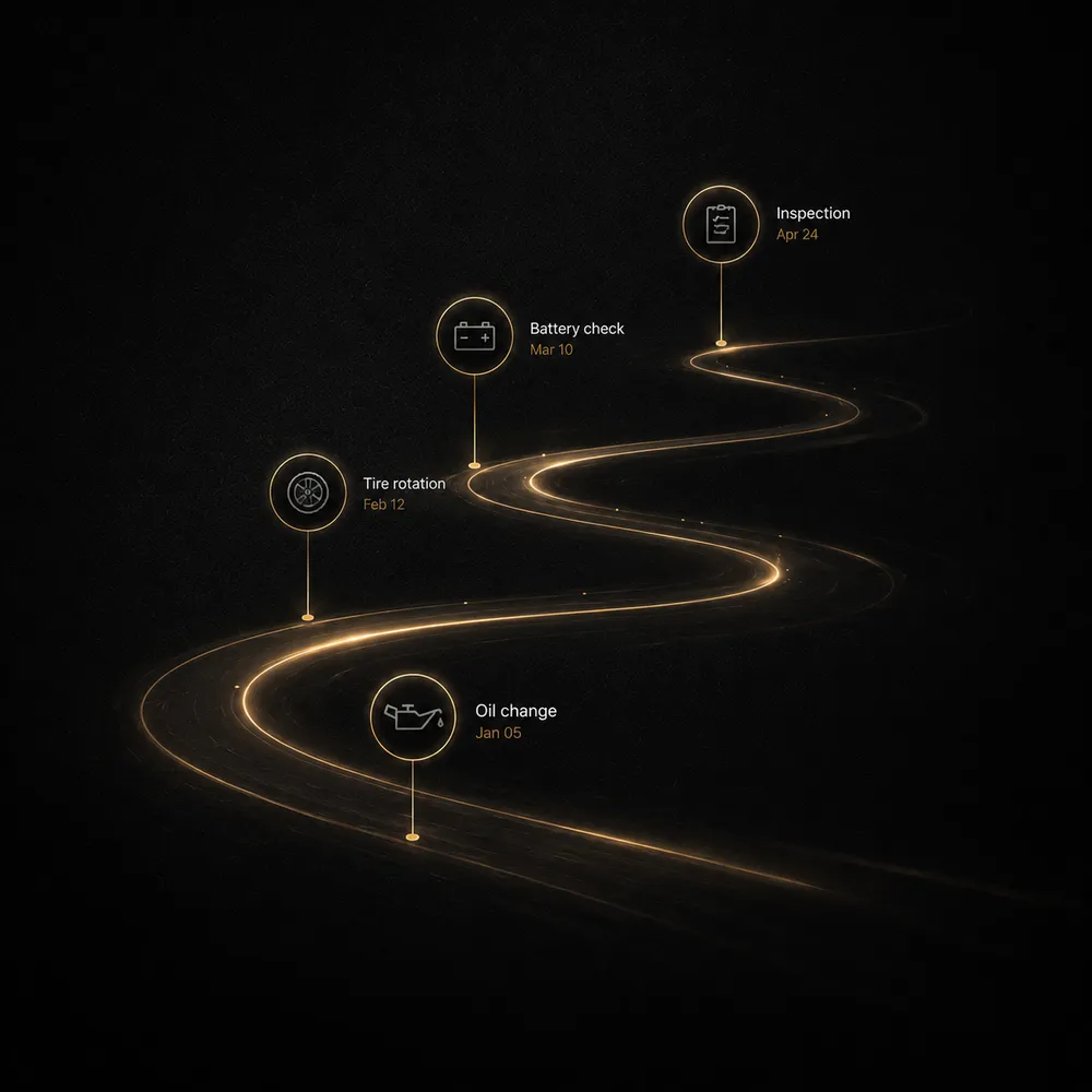 A car's service milestones, oil change to inspection, marked along a glowing road