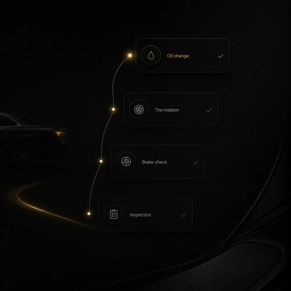 A vehicle's maintenance timeline showing past service and upcoming reminders