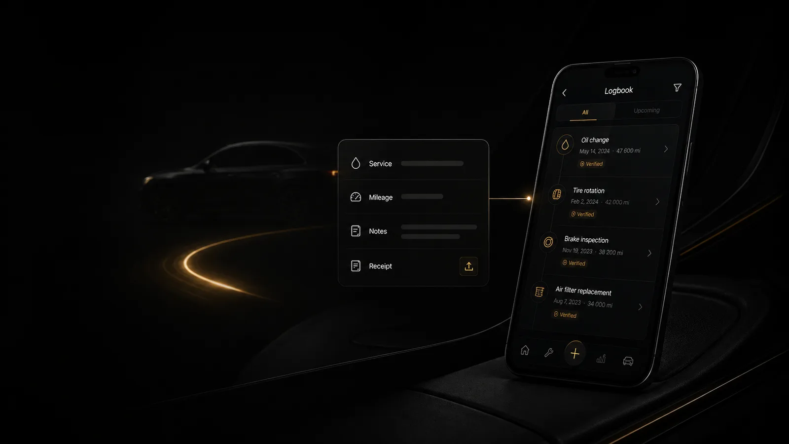 Maintory vehicle logbook open on a phone beside a parked car at dusk