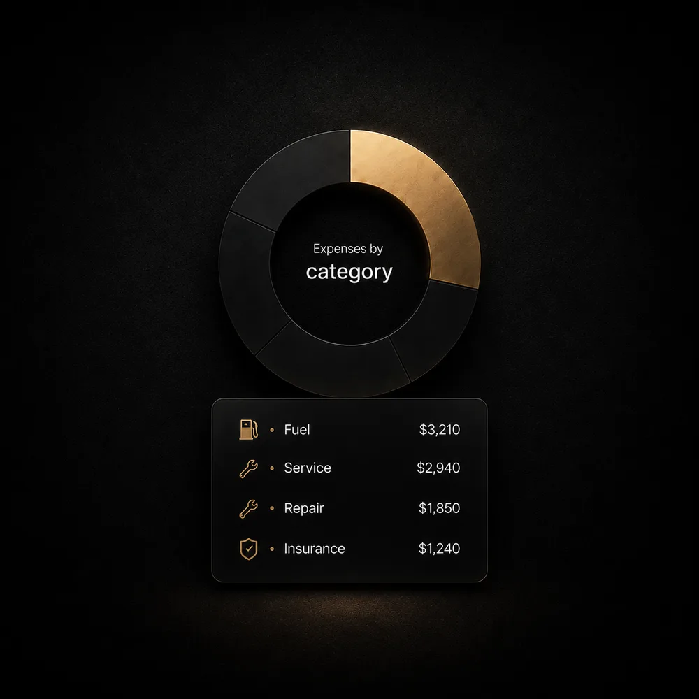 Maintory car expenses split into fuel, service, repairs, insurance, and parts