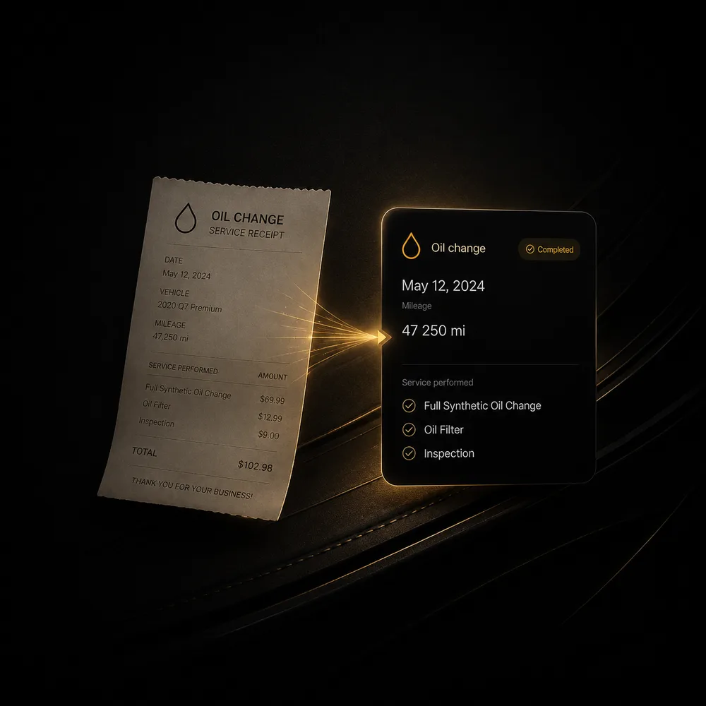 An oil change receipt and notes saved in Maintory